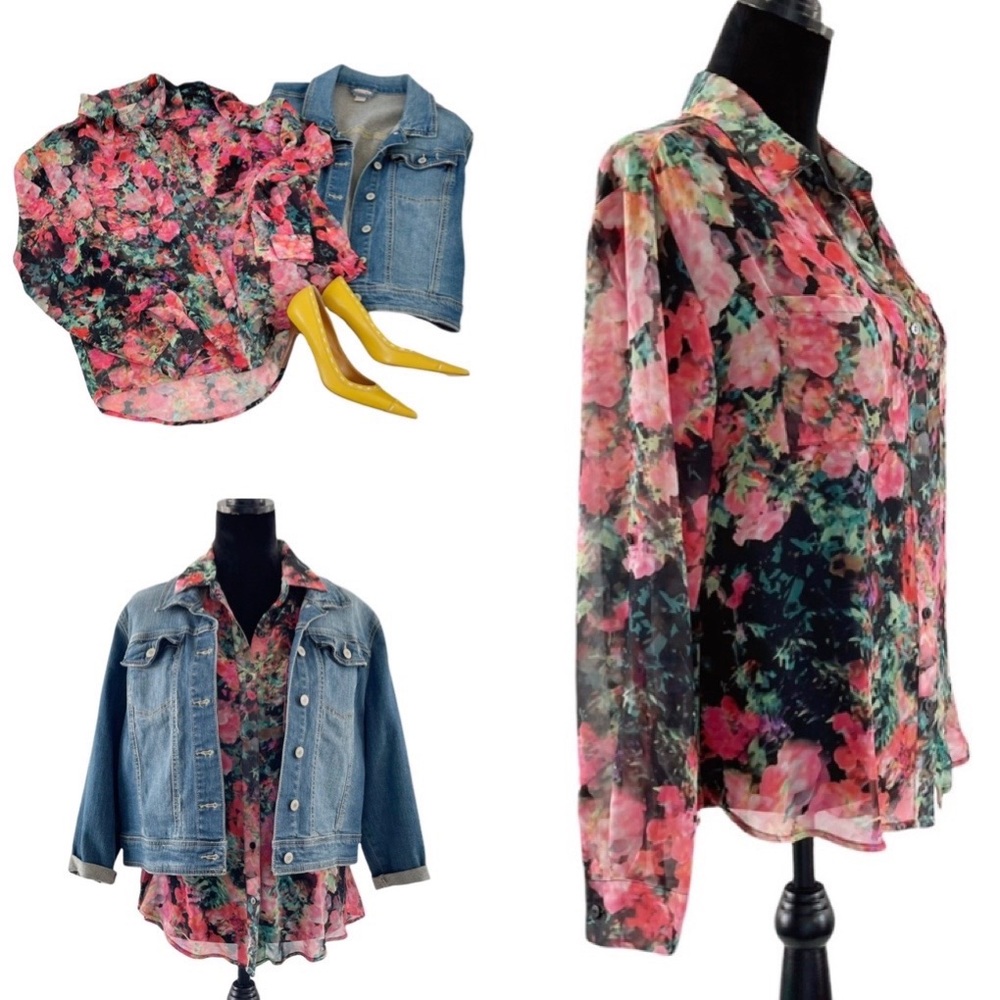 Decree Lightweight Sheer Spring Floral Roll Up Button Down Sleeve Top Medium